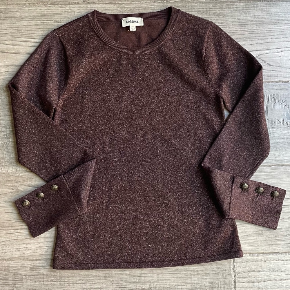 L'AGENCE Sweater Crew Neck Long Sleeve Button Detail Metallic Sheen Brown SZ XS